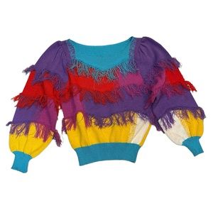 Vintage 80s Sweater with Colorful Patchwork and Fringes